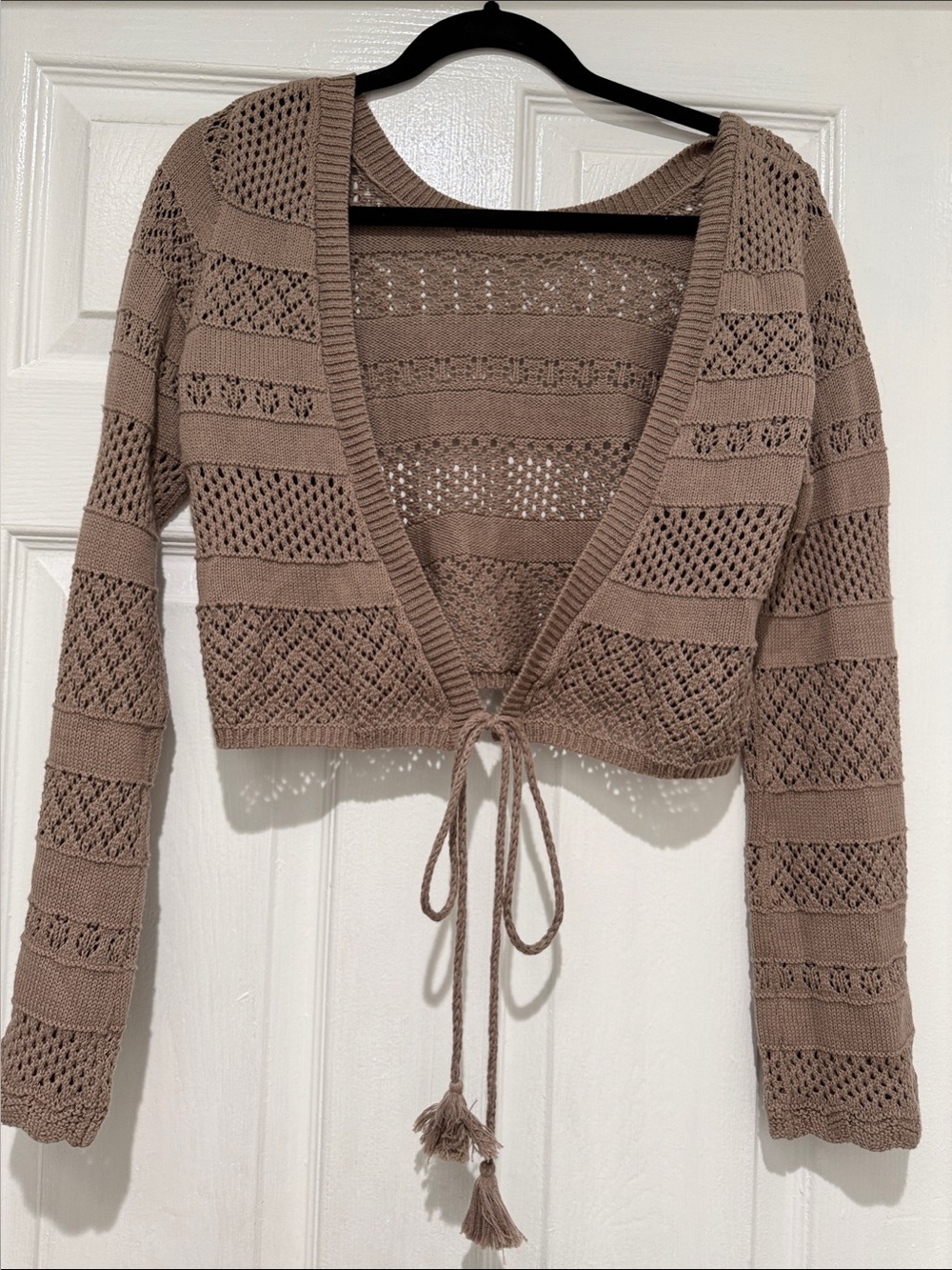 Aerie Taupe Crochet Tie-Front Openwork Cardigan